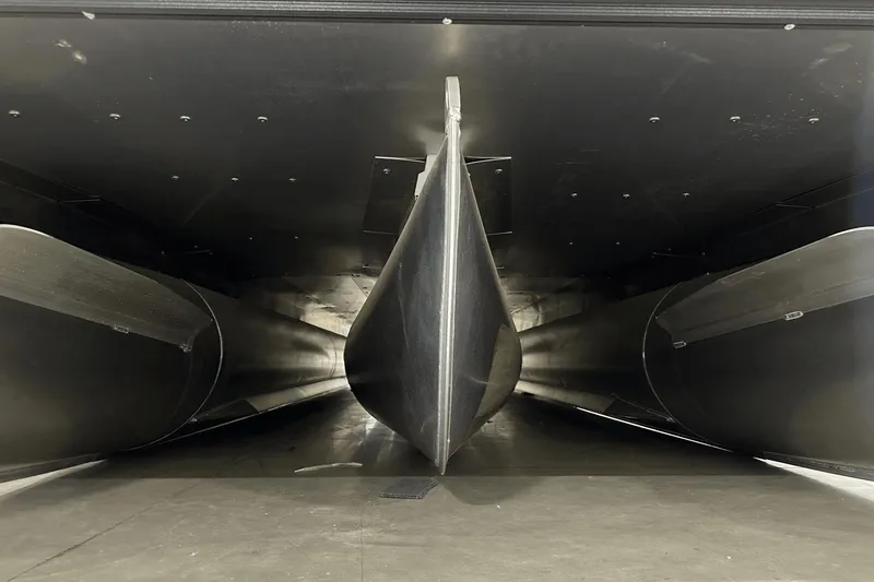 Slide: The Image of Underneath view of 2025 Sylvan L-5 boat hull, showcasing sleek design and structure. - 3