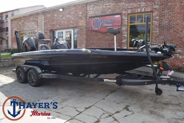 Slide: The Image of 2020 Triton 20 TRX Patriot boat on trailer at Thayer's Marine. - 48