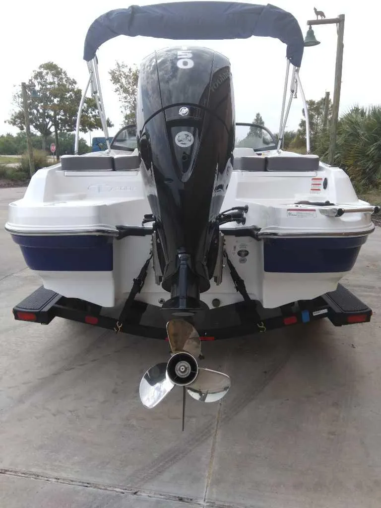 Slide: The Image of 2024 Tahoe 200 S boat, rear view with outboard motor, parked on concrete. - 5