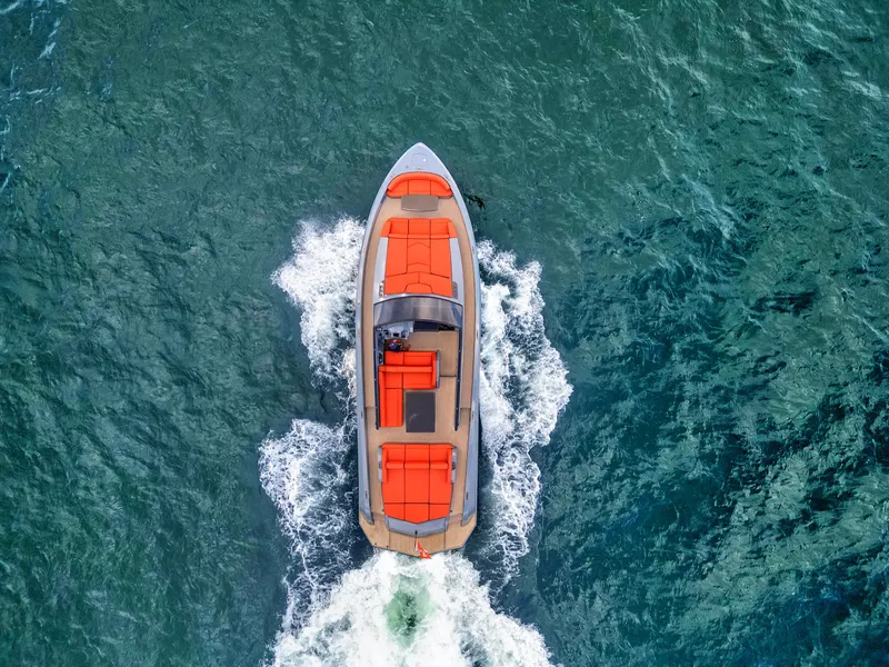 The Image of Aerial view of 2017 Vanquish Yachts VQ 54 cruising on open water. - 0