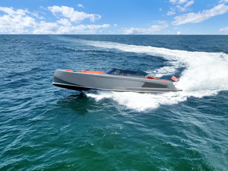 Slide: The Image of 2017 Vanquish Yachts VQ 54 cruising on open sea under clear blue sky. - 28