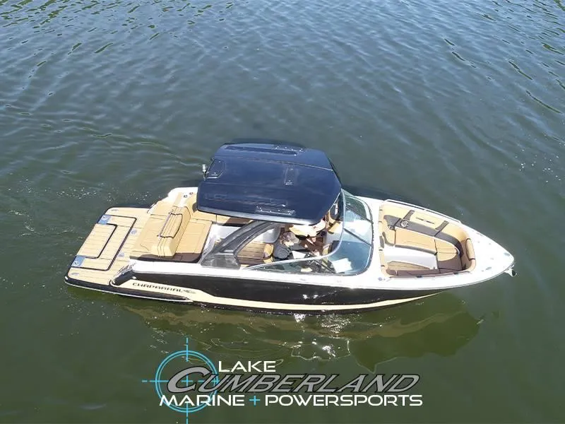 Slide: The Image of 2025 Chaparral 287 SSX boat on water, aerial view, Lake Cumberland Marine branding. - 3
