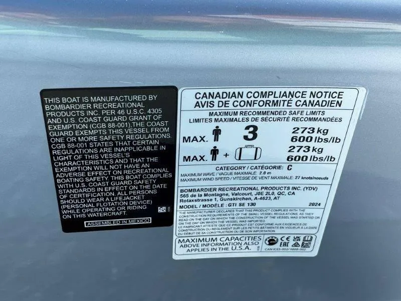 Slide: The Image of 2024 Sea-Doo GTI SE 130 compliance and safety labels, detailing weight and passenger limits. - 33