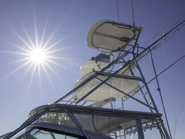 Slide: The Image of 2024 Albemarle 41 Express boat tower under bright sun. - 7