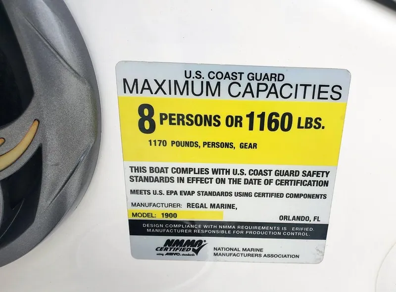 Slide: The Image of Regal 1900 BR 2013 boat capacity label: 8 persons or 1160 lbs. - 18