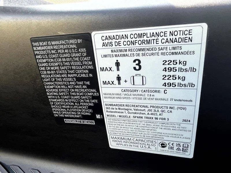Slide: The Image of 2024 Sea-Doo Spark Trixx compliance label showing weight and passenger limits. - 12