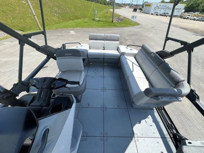 Slide: The Image of 2024 Sea-Doo Switch Cruise 21' 230HP interior with spacious seating and modern design. - 18