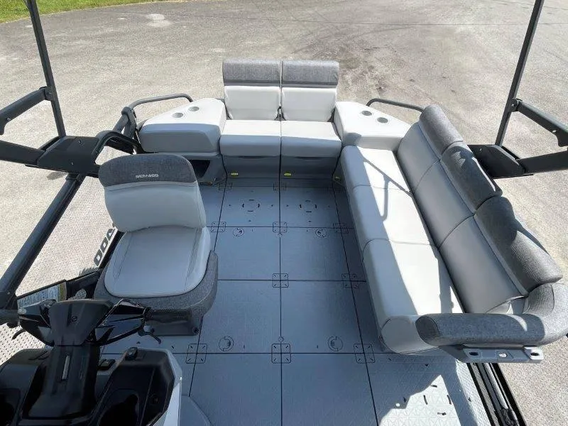 Slide: The Image of 2024 Sea-Doo Switch Cruise 21' 230HP interior with spacious seating and modern design. - 29