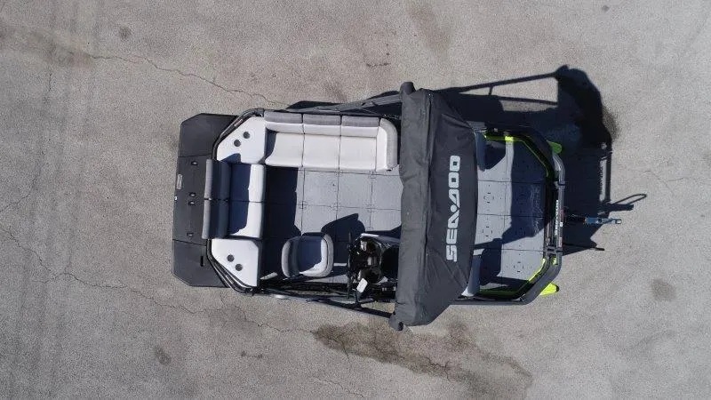 Slide: The Image of 2024 Sea-Doo SWITCH SPORT 18' 230HP pontoon boat, aerial view, gray and white seating. - 12