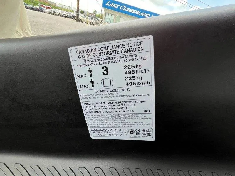 Slide: The Image of 2024 Sea-Doo Spark Trixx compliance notice, showing weight limits and capacity details. - 19