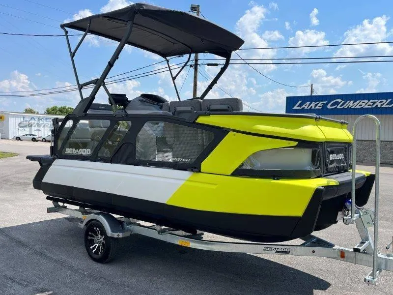 Slide: The Image of 2024 Sea-Doo Switch Cruise 18' 230hp on trailer at Lake Cumberland dealership. - 4