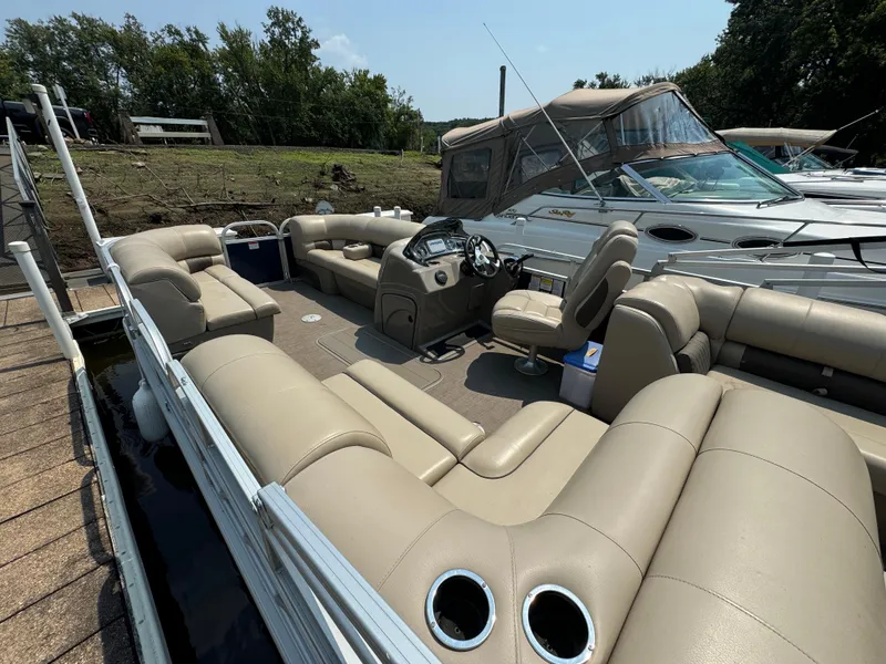 Slide: The Image of 2020 Sun Tracker Party Barge 22 Tri Toon RF XP3 with spacious seating and helm. - 8