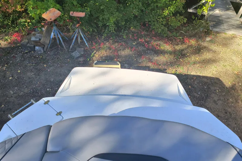 Slide: The Image of 2024 Glastron GX 215 boat rear view with lush greenery background. - 25