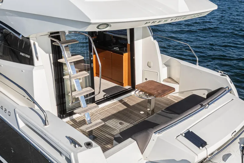 Slide: The Image of Prestige 420 yacht 2015 model, featuring a sleek deck and modern interior. - 12
