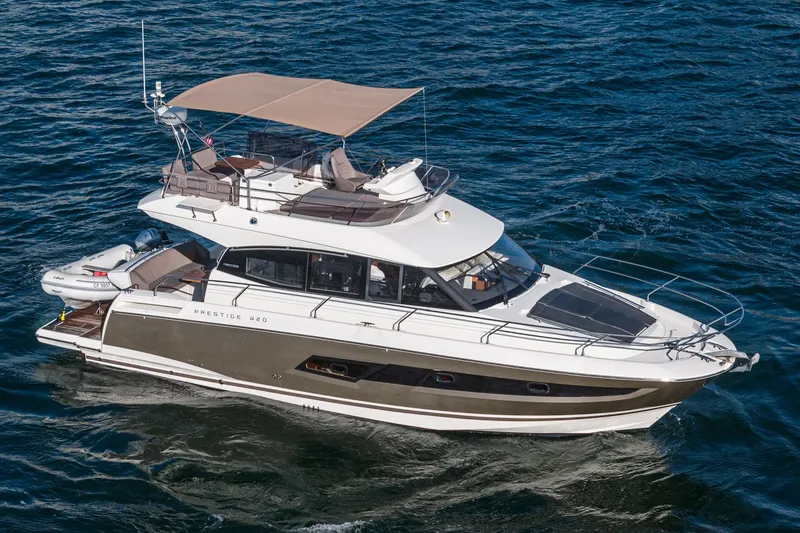 Slide: The Image of 2015 Prestige 420 yacht cruising on open water. - 3