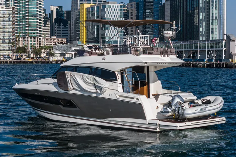 Slide: The Image of Prestige 420 yacht, 2015 model, cruising in urban waterfront setting. - 5