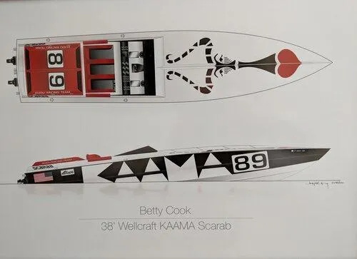 Slide: The Image of 1979 Scarab Larry Smith 38 boat design with bold graphics and racing number 89. - 7
