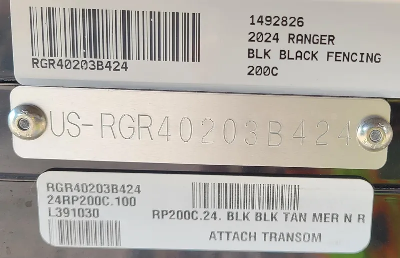 Slide: The Image of 2024 Ranger Reata 200C identification tags with barcodes and serial numbers. - 6