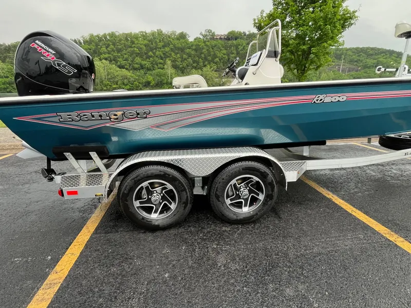 Slide: The Image of 2024 Ranger RB200 boat on trailer, parked outdoors with scenic background. - 5