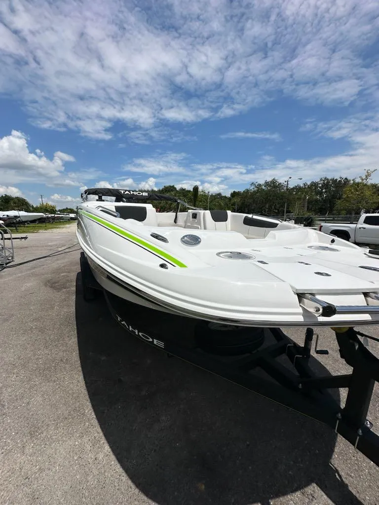 Slide: The Image of 2024 Tahoe 1950 boat on trailer under blue sky. - 5