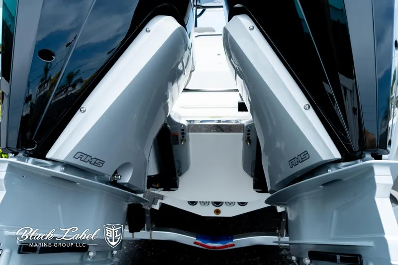 Slide: The Image of 2025 Caymas 281 HB boat engines, rear view, Black Label Marine Group. - 34