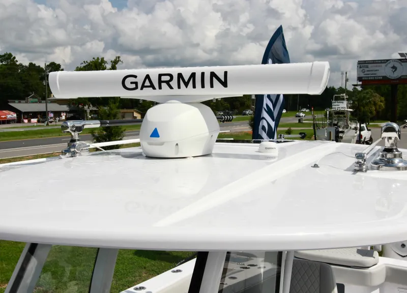 Slide: The Image of Garmin radar on 2025 Jupiter 380LS boat, clear sky background. - 18