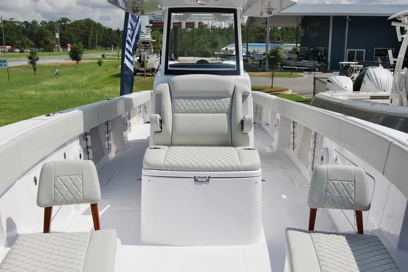 Slide: The Image of 2025 Jupiter 380LS boat interior with luxurious seating and modern design. - 24