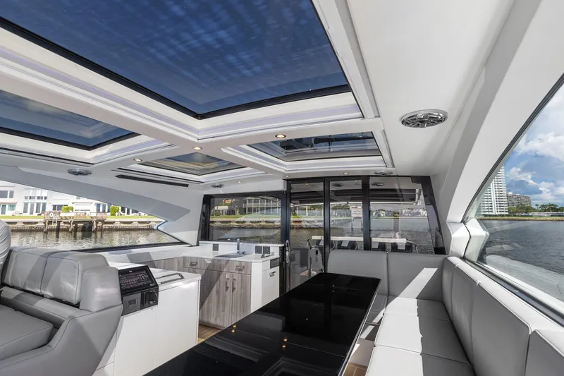 Slide: The Image of Luxurious interior of 2022 Formula 500 Super Sport Crossover yacht with panoramic windows. - 46