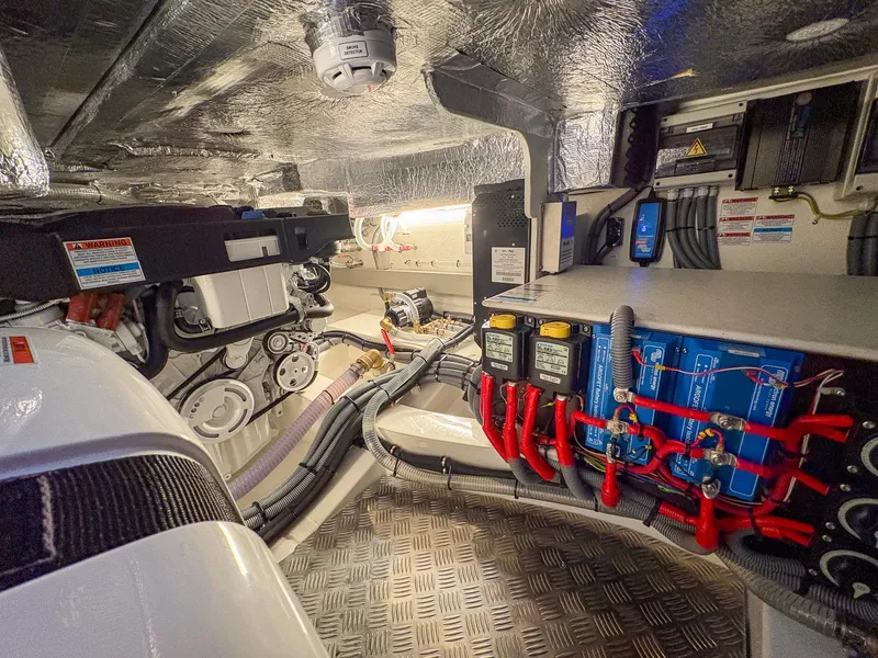 Slide: The Image of Engine room of 2025 Marex 330 Scandinavia, showcasing mechanical and electrical components. - 46