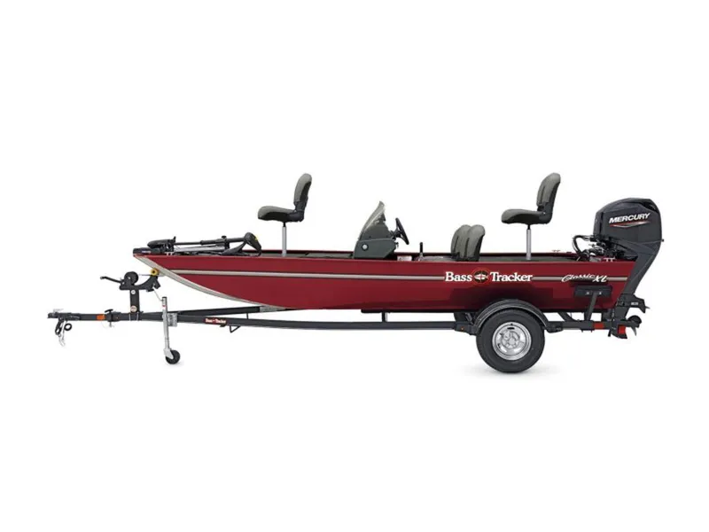 Slide: The Image of 2024 Tracker BASS TRACKER® Classic XL fishing boat, red, side view with trailer. - 11