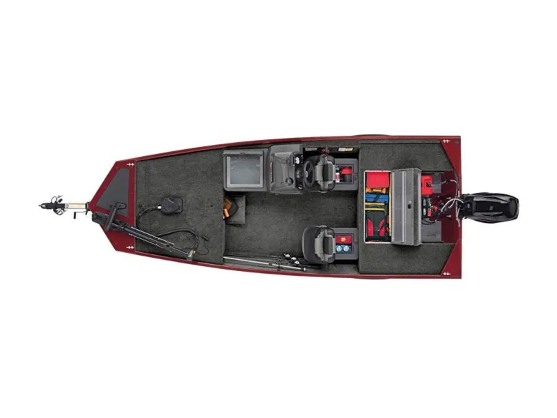 Slide: The Image of 2024 Tracker BASS TRACKER® Classic XL boat, top view, red exterior, fishing gear visible. - 5