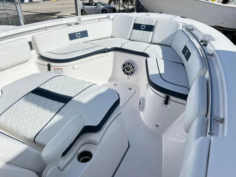 Slide: The Image of Luxurious seating area on 2025 Sea Fox 288 Commander boat with elegant upholstery. - 22