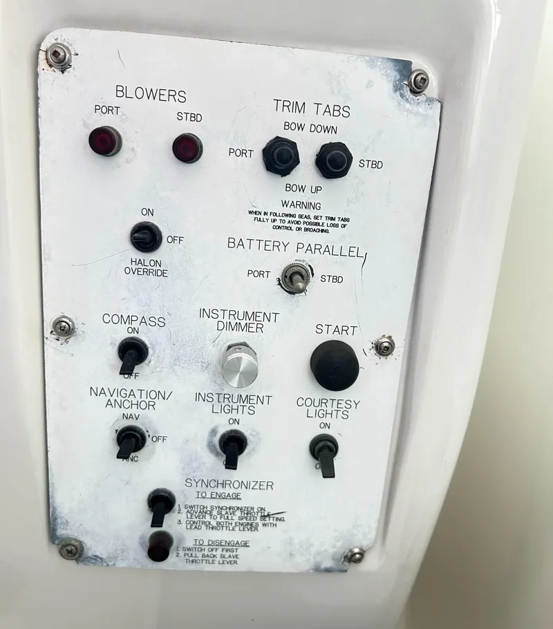 Slide: The Image of Control panel of a 1996 Hatteras 39 Sport Express boat with various switches and indicators. - 40
