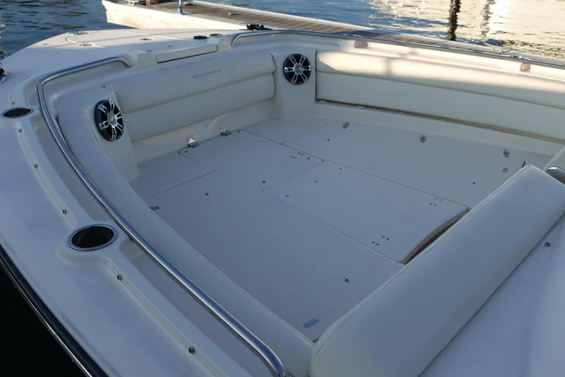 Slide: The Image of 2021 Grady-White Freedom 325 boat interior with spacious seating and sleek design. - 10