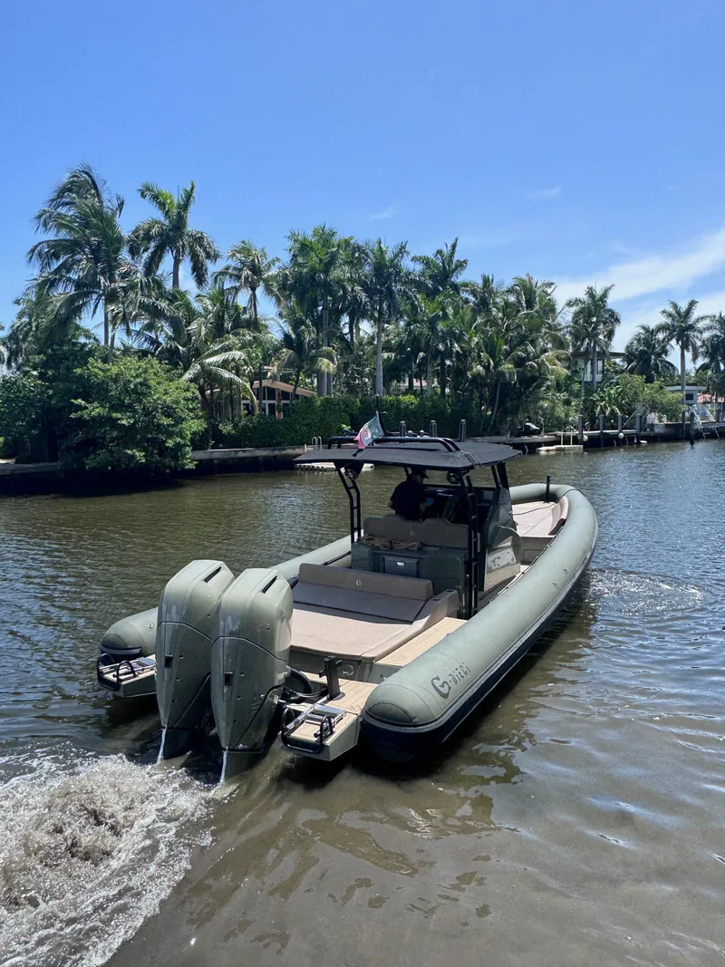 Slide: The Image of 2024 G-Tender DIECI boat cruising on a tropical river with lush palm trees. - 10