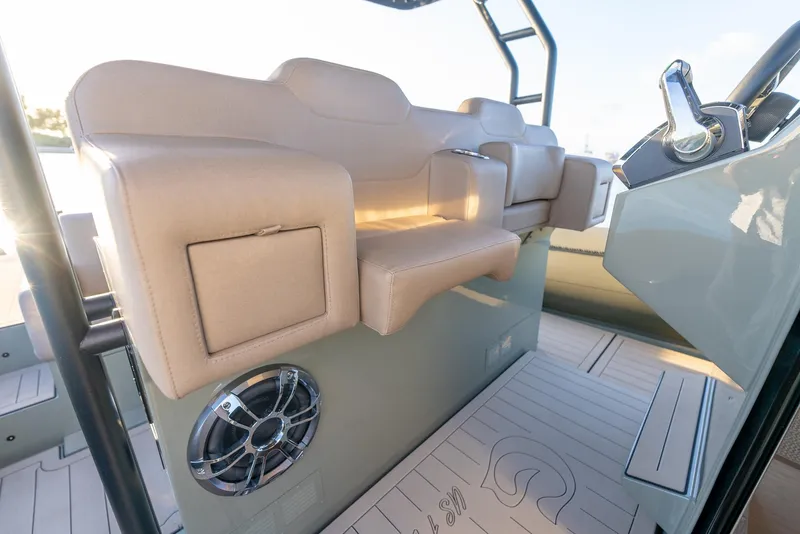Slide: The Image of Luxurious seating on 2024 G-Tender DIECI boat with modern design and speaker system. - 3
