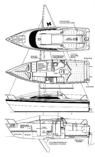 Slide: The Image of Blueprint of a 1997 MacGregor 26 X sailboat, showing detailed interior and exterior layout. - 16