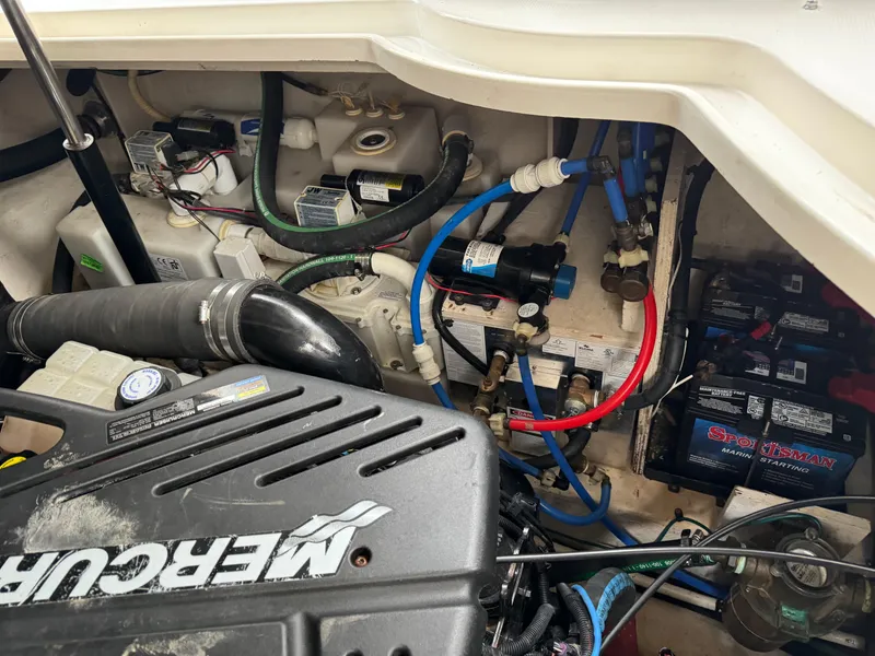 Slide: The Image of Engine compartment of a 2007 Sea Ray 340 Sundancer with MerCruiser components and wiring. - 30