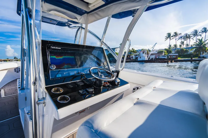 Slide: The Image of 2018 SeaHunter 39 Tournament boat interior with advanced navigation system. - 38