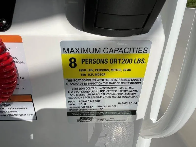 Slide: The Image of 2024 Robalo R180 capacity label: 8 persons or 1200 lbs, 150 HP motor. - 31