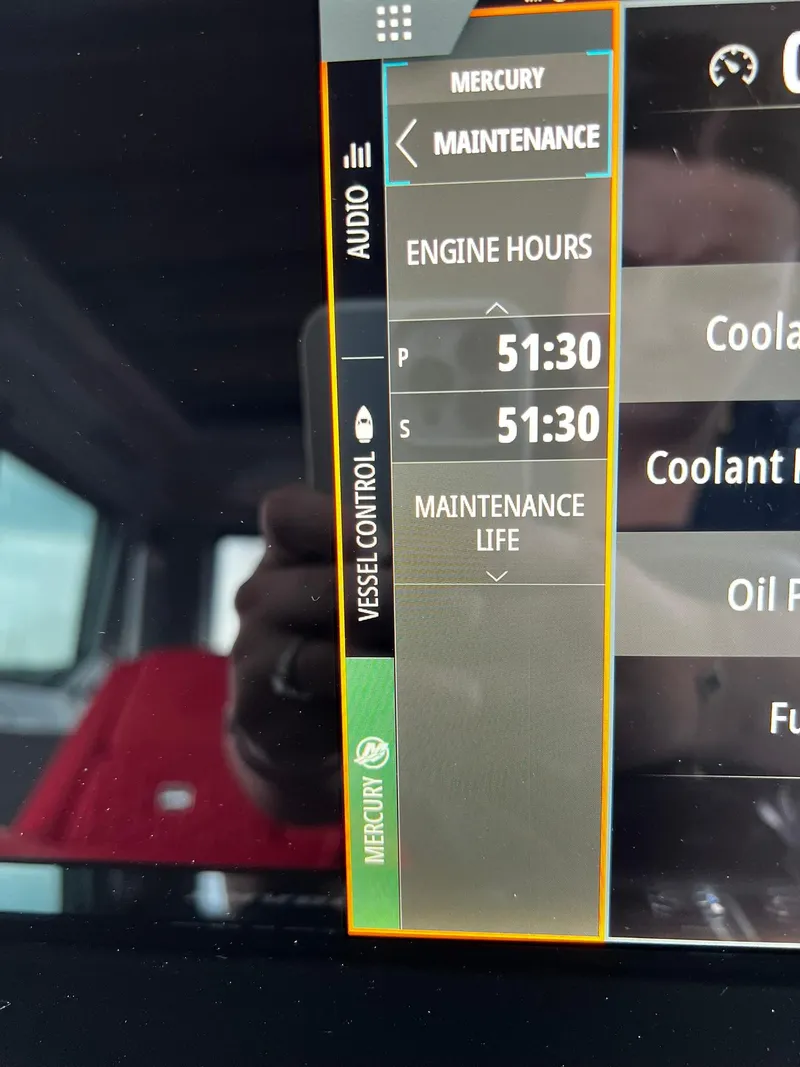 Slide: The Image of BRABUS Shadow 500 Cabin 2022 dashboard showing engine hours and maintenance details. - 26