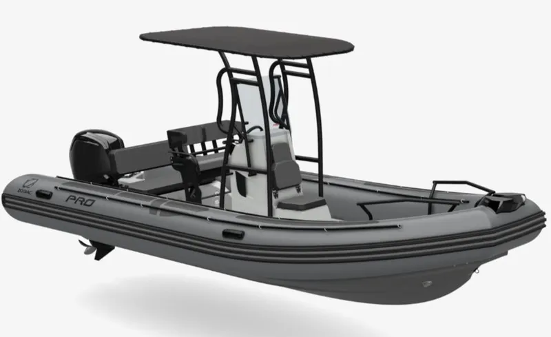 Slide: The Image of 2025 Zodiac Pro 6.5 inflatable boat with canopy and outboard motor. - 13