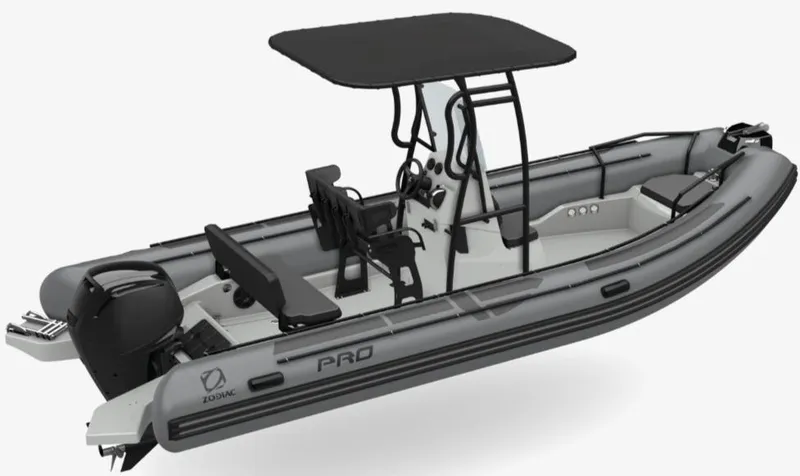 Slide: The Image of 2025 Zodiac Pro 6.5 inflatable boat with canopy and outboard motor. - 9