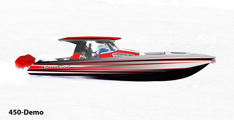 The Image of 2025 Nor-Tech 450 Sport Center Console boat, sleek design, red and black accents. - 1