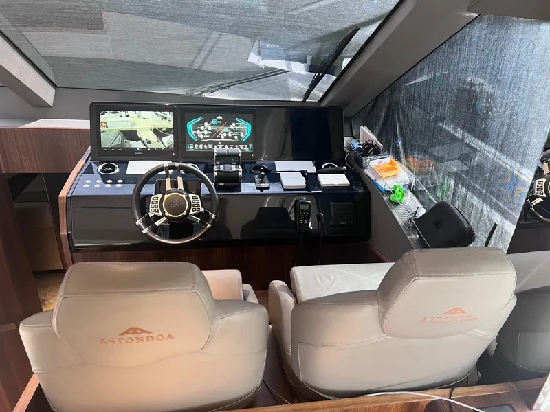 Slide: The Image of 2024 Astondoa AS5 yacht cockpit with modern controls and dual seats. - 21