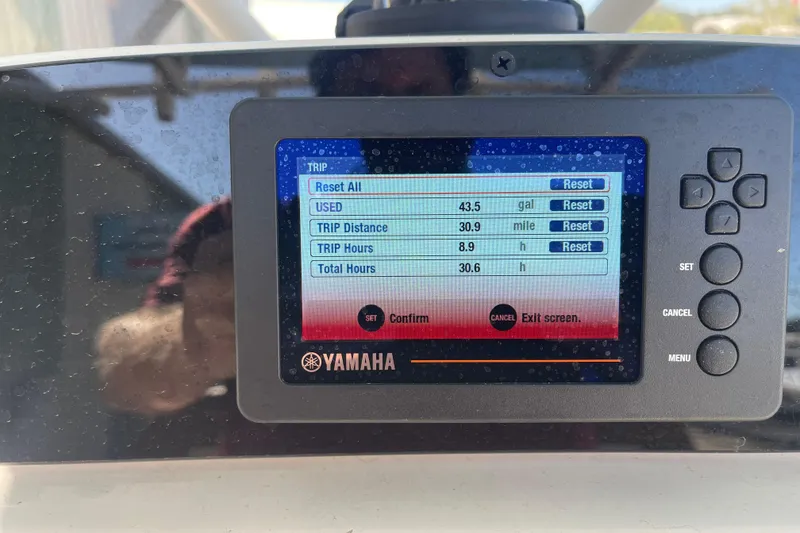 Slide: The Image of Yamaha display on 2024 Pioneer 222 Islander showing trip data and fuel usage. - 15
