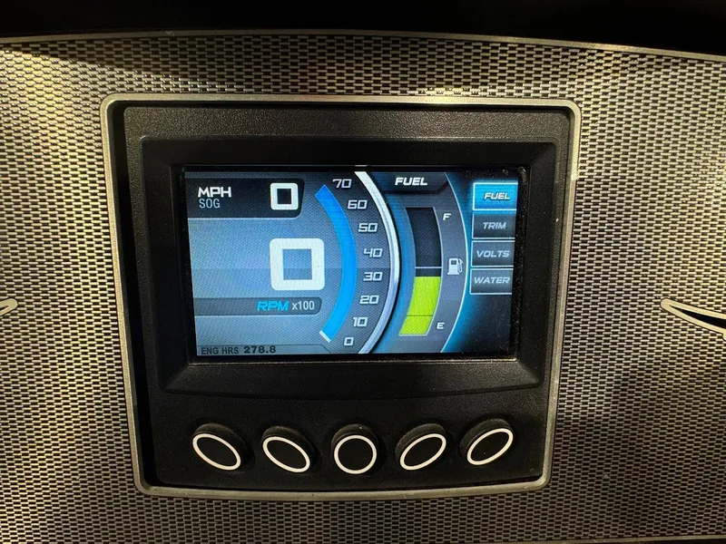 Slide: The Image of Dashboard display of a 2014 Berkshire 250E STS showing speed, RPM, and fuel levels. - 11