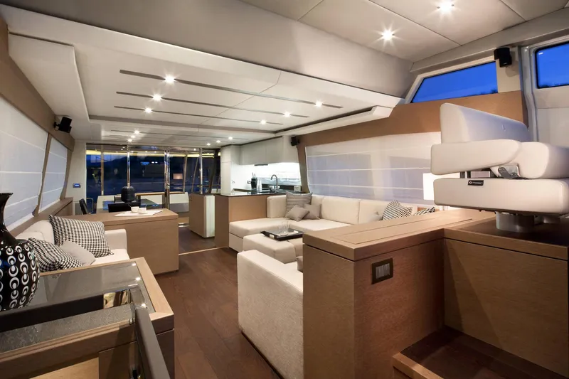 Slide: The Image of Luxurious interior of 2016 Prestige 750 yacht with modern furnishings and ambient lighting. - 18