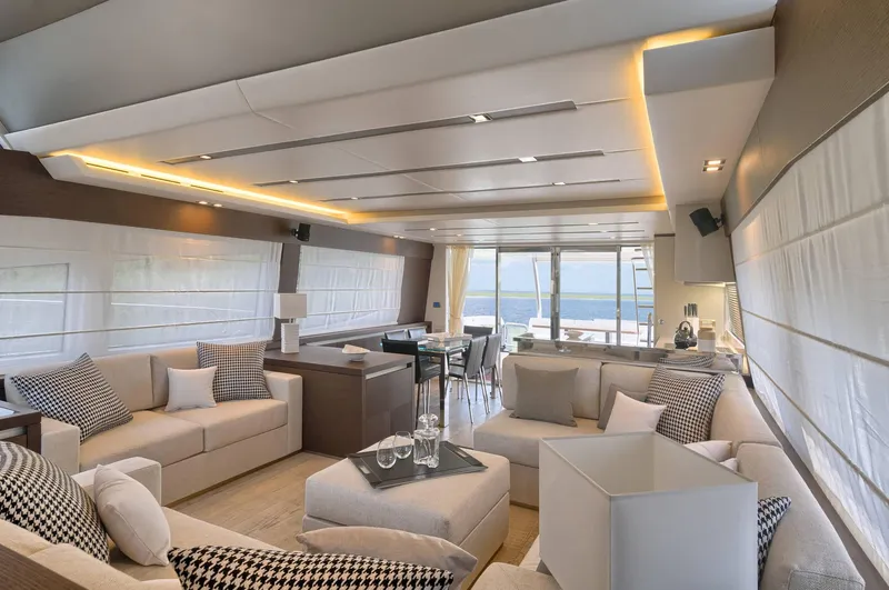 Slide: The Image of Luxurious interior of 2016 Prestige 750 yacht with modern furnishings and ocean view. - 19