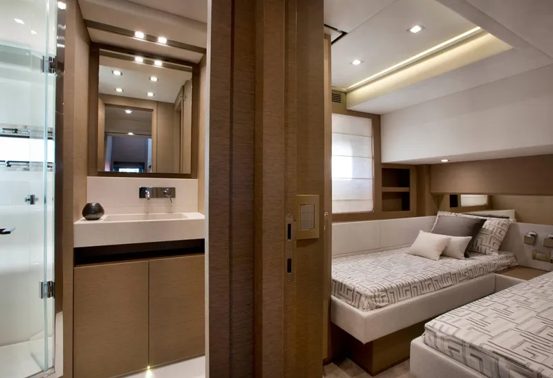 Slide: The Image of Luxurious interior of 2016 Prestige 750 yacht with modern bedroom and bathroom design. - 27